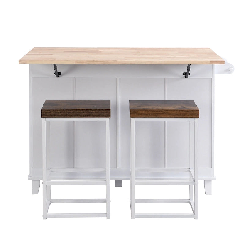 TOPMAX Kitchen Island Set with Drop Leaf and 2 Seatings, Dining Table Set with Adjustable Shelf, Drawers and Towel Rack
