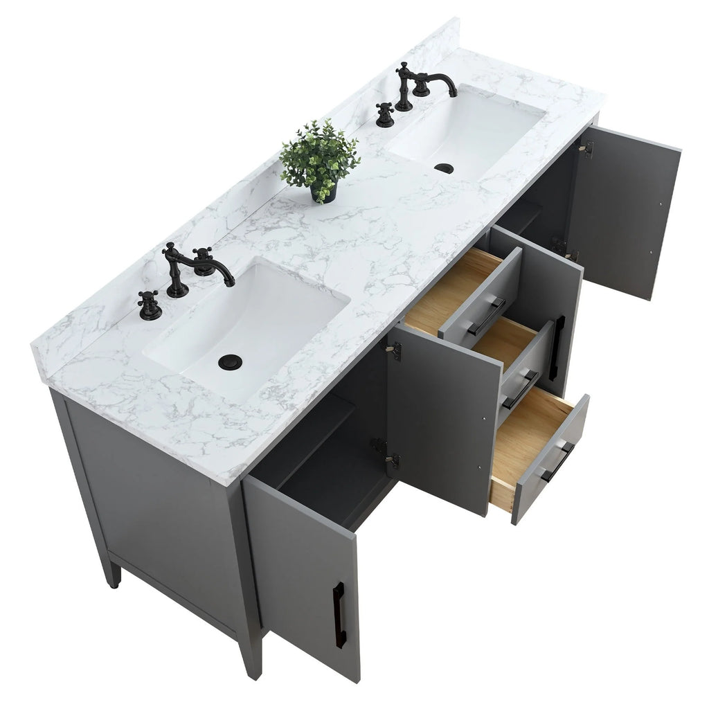 Meuble-lavabo de salle de bain Vanity Art 72 po à double vasque avec dessus en marbre reconstitué