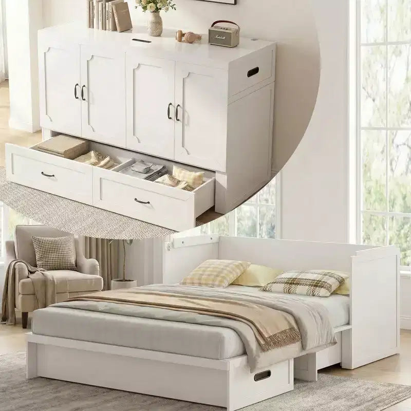 Lit escamotable convertible Queen Size Mjkone avec matelas, chargement USB, tiroirs de rangement