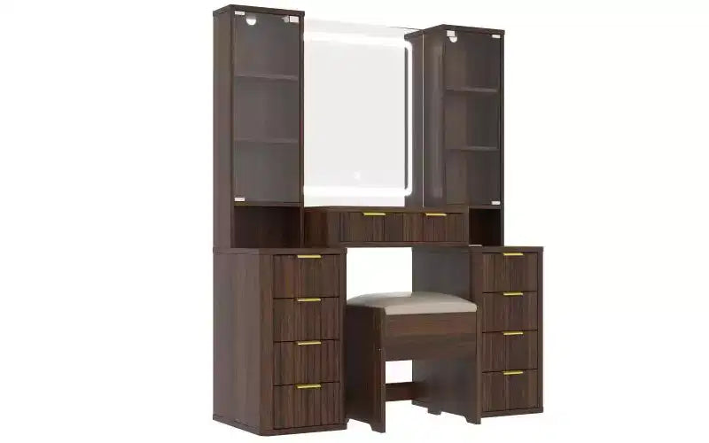 JVNOXK 43.5-inch Modern Vanity Set with Mirror and Light, Featuring Drawers and Clear Glass Cabinet, Includes Stool and Charging Station, Brown