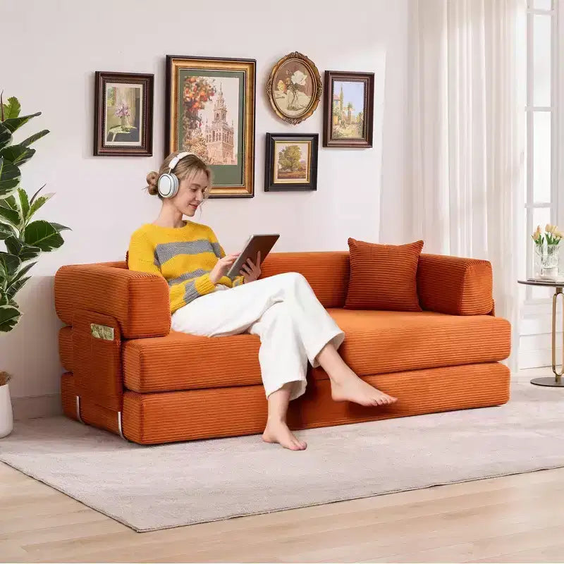 Sleeper Sofa Bed, 78.8 5-in-1 Folding Mattress Couch/Loveseat, Fixed-Shape Steel Frame, Corduroy with Pillows