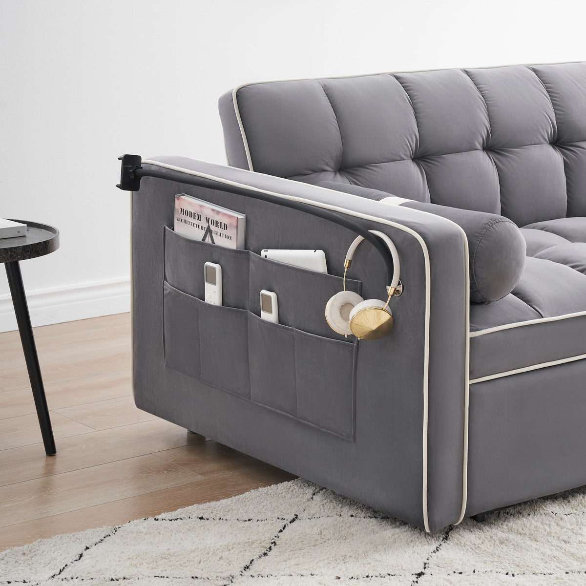 Velvet Convertible 55'' 2-Seater Sleeper Sofa with Pull-Out Bed, Adjustable Recline, Side Pockets, and Phone Holder