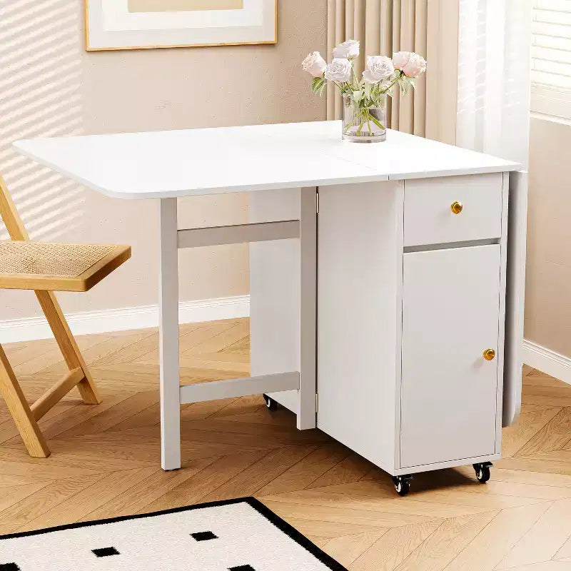 ATJafurn 59'' Foldable Dining Table with Drop Leaves for Small Space, Rectangular Wooden Extendable kitchen Table with Wheels and Storage