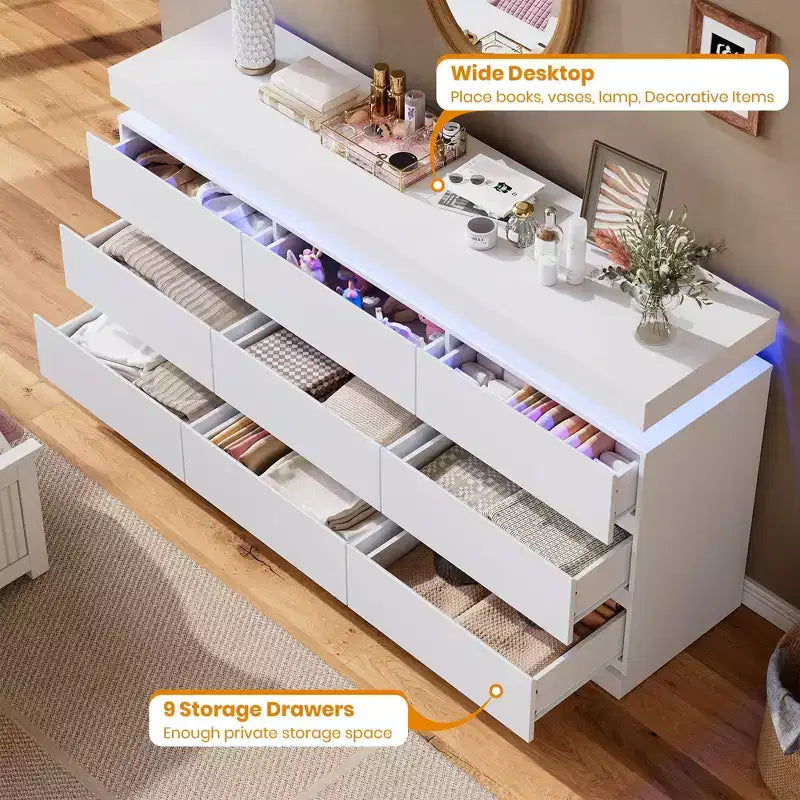 9 Drawer Dresser for Bedroom, Chest of Drawers with Charging Station & LED Lights, Double Wooden Closet Storage Cabinet, Modern Dresser TV Stand