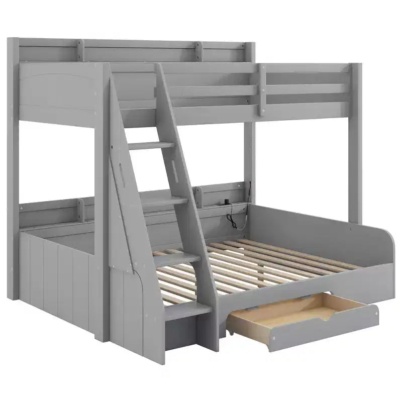 Twin over Full Bunk Bed with Storage, LED Lights & Charging Station, Wood Bunked Bed Beside Shelves for Kids & Teens