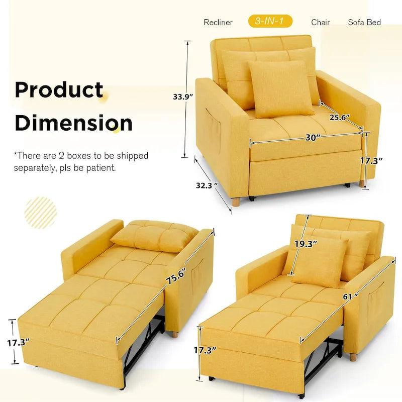Adjustable Sleeper Chair Bed, 3-in-1 Convertible, Multiple Colors, Fits 1 Person