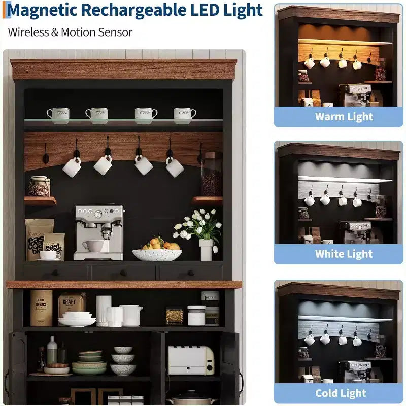 72 Tall Farmhouse Style Coffee Bar Cabinet with LED Lights, Kitchen Buffet Featuring Doors and Drawer, Adjustable Shelves, Spacious Storage