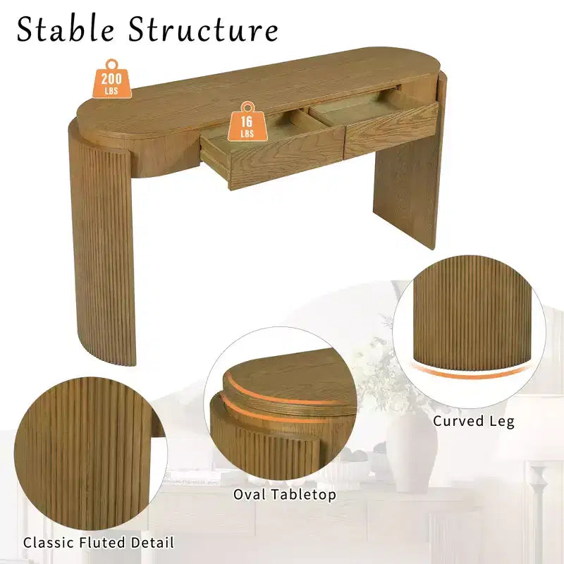 Merax Modern Oval-Top Console Table with Fluted Curved Legs & Dual Hidden Drawers