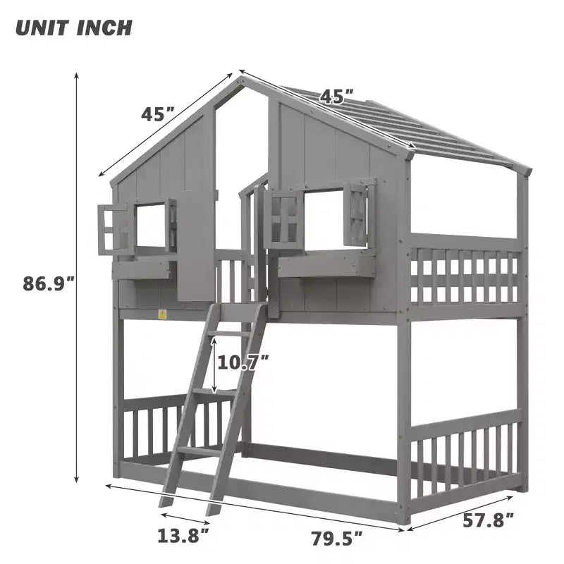 Twin Size House-Shaped Loft Bed, Wood Playhouse Loft Bed with Ladder & Guardrails for Kids