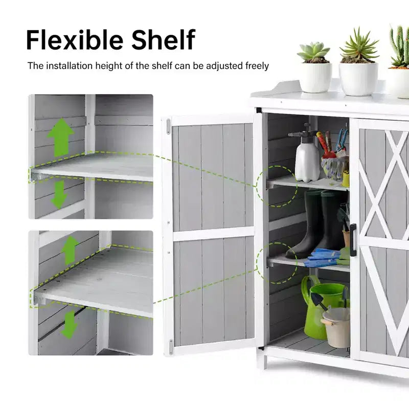 Outdoor Storage Cabinet, Potting Bench - Waterproof Wooden Garden Work Station with Galvanized Tabletop, Adjustable Shelves for Backyard/Patio/Lawn