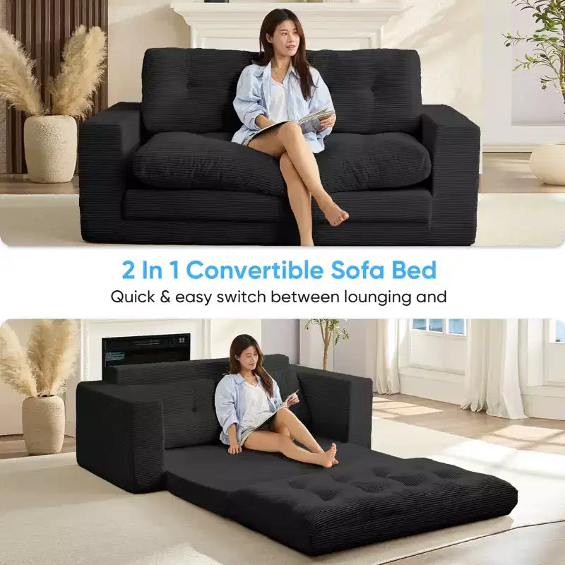 Mjkone 71'' 2-in-1 Convertible Futon Sofa Bed, Corded Fabric Foldable Tufted Buttons Loveseat Sleeper Sofa,Space-Saving
