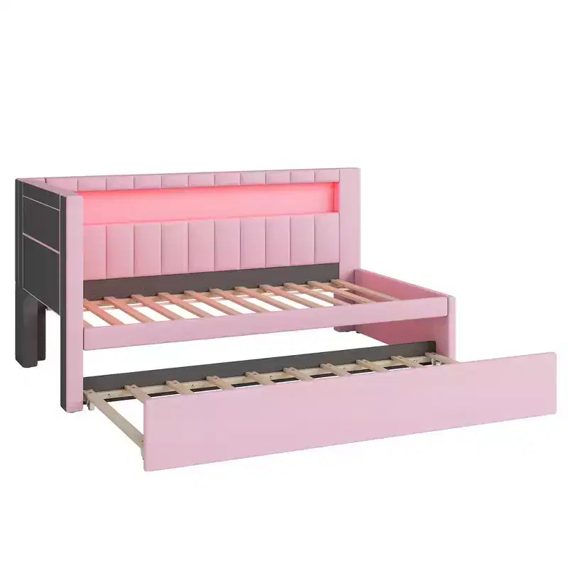 Lit de repos double/complet avec tiroir gigogne et tête de lit bibliothèque en L, lit d'angle doux rembourré en lin avec étagères de rangement et bande LED