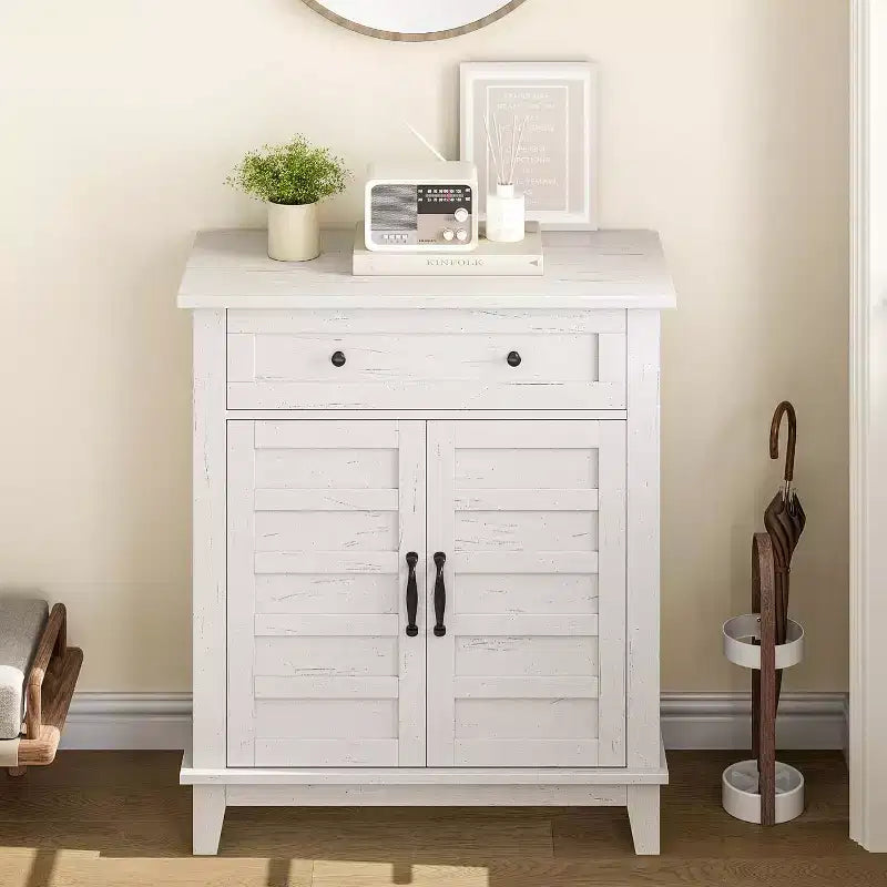 31.5 Rustic Storage Cabinet, with Slatted Doors, 3-Tier Adjustable, Double Door Locker, for Kitchen, Dining Room, and Home Office