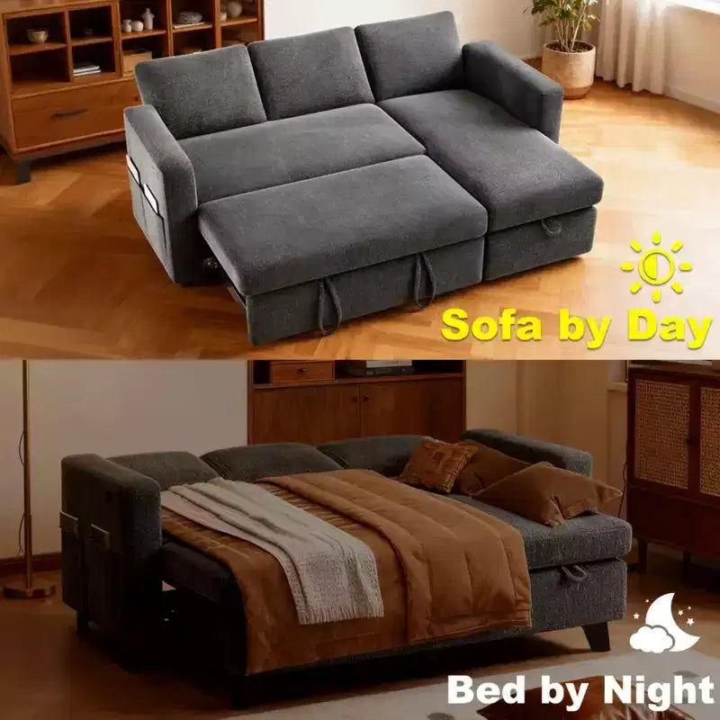 2-in-1 Pull Out Sleeper Sofa with Storage Chaise, Chenille Sectional Couch with USB Ports for Living Room