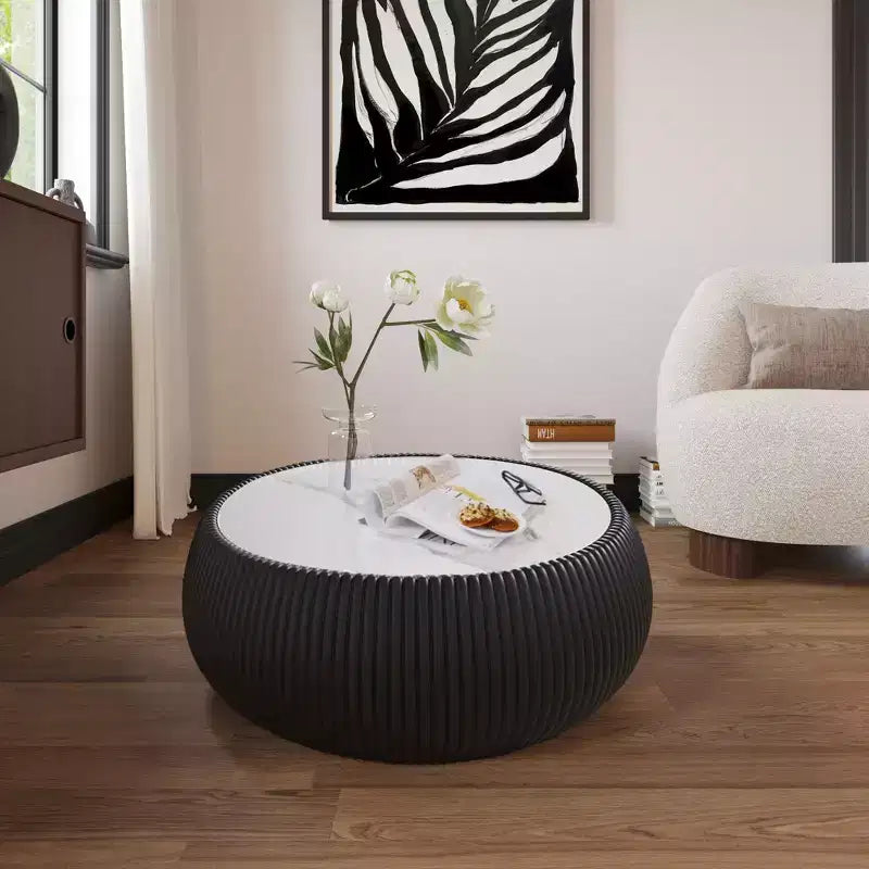 Okak Modern Round Drum Shape Coffee Table with Marble Top & Leather Side,Fashionable Center Table for Living Room,Bedroom