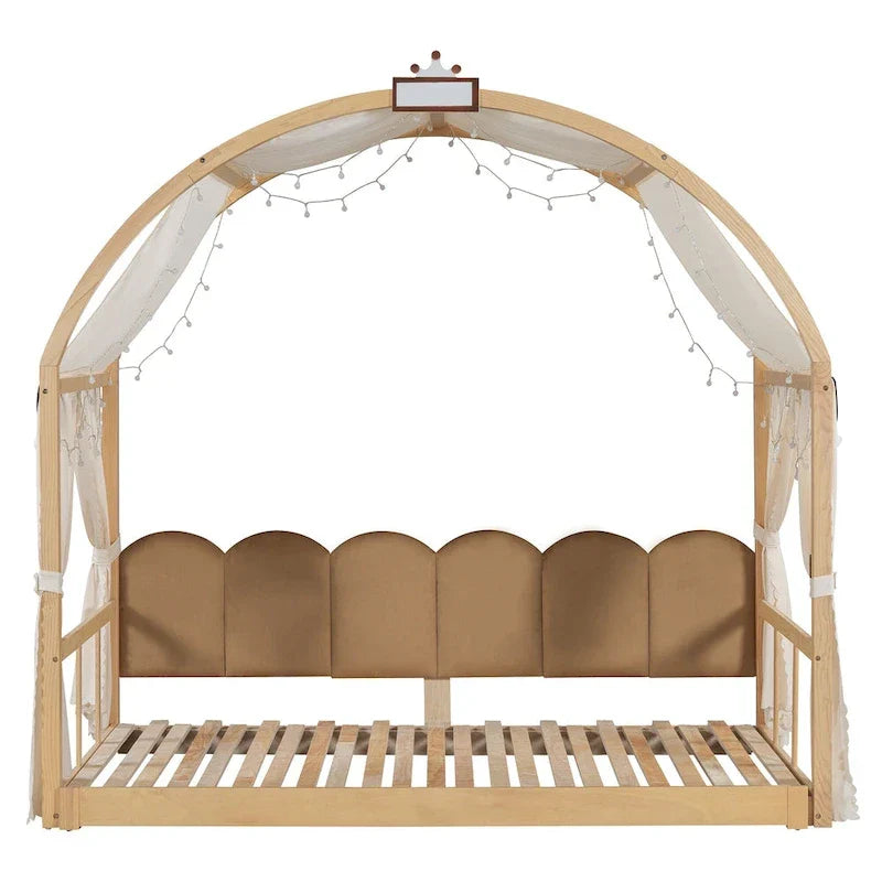 Solid Wood Playhouse Platform Bed Floor Montessori Bed Frame with Arched Roof and Trundle for Girls and Boys