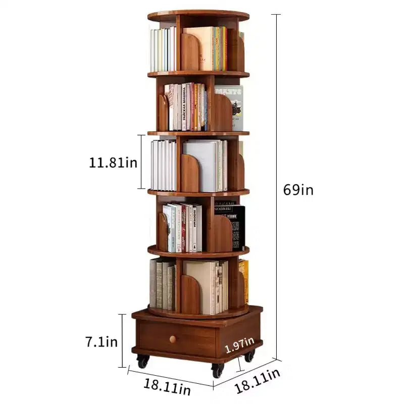 Chic Crate 6-Tier 360 Rotating Corner Bookshelf with Wheels, Narrow Bookcase for Small Spaces  Walnut Brown