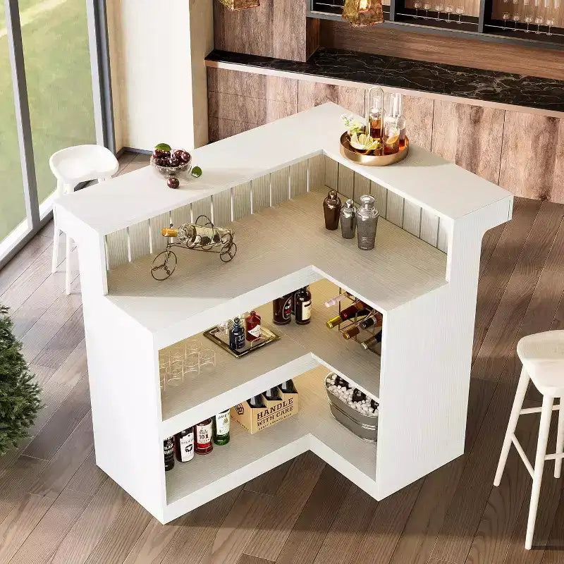 Lantine L-Shaped Home Bar Unit, 4-Tier Corner Liquor Bar Table with Storage Shelves and Wine Glasses Holder for Home Pub