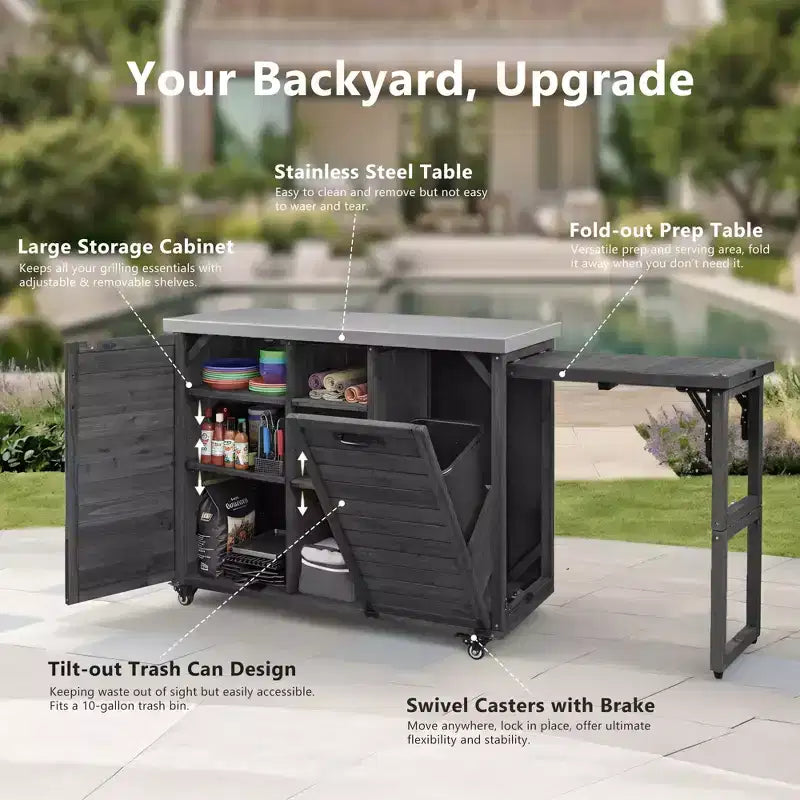 78.3-Inch Outdoor Kitchen Island with Stainless Steel Countertop, Foldable BBQ Station, and Storage Cabinets, Black