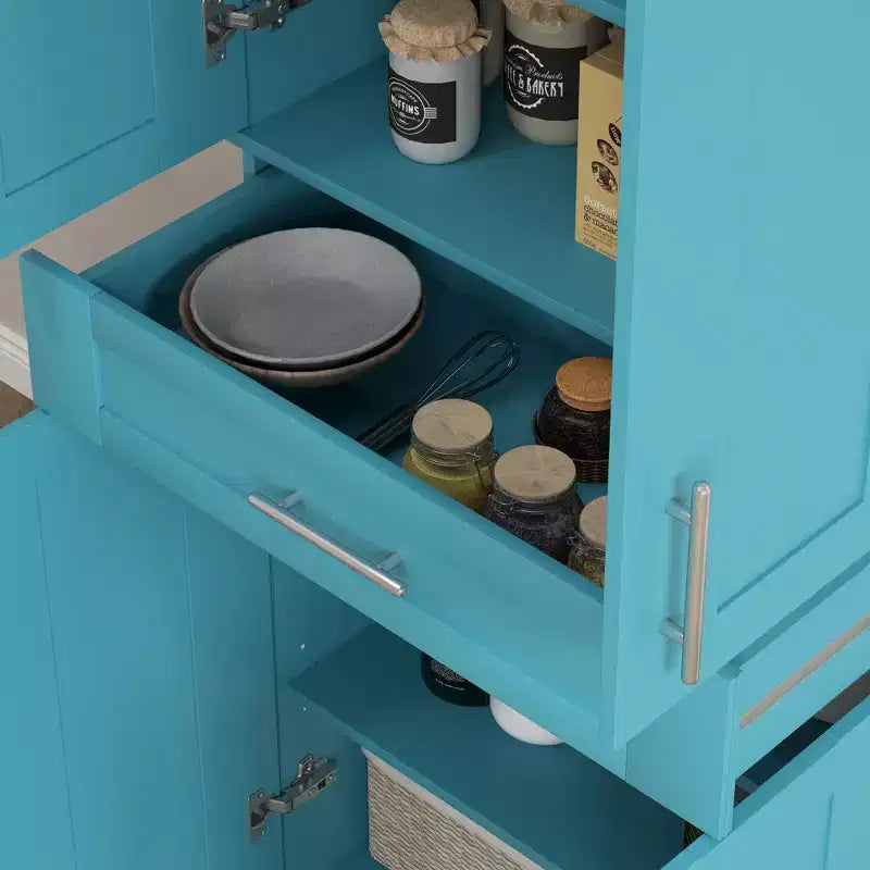 Modern Kitchen Pantry Freestanding Cabinet Cupboard with Doors and Drawer, Adjustable Shelving