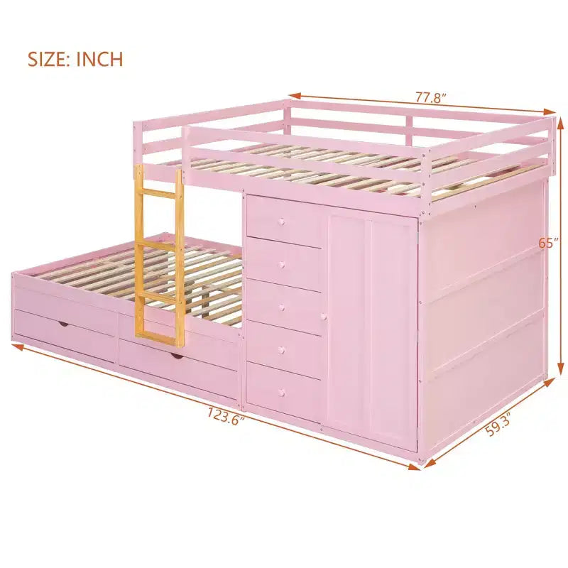 Full Over Full Modern Bunk Bed With Built In Closet And 7 Storage Drawers