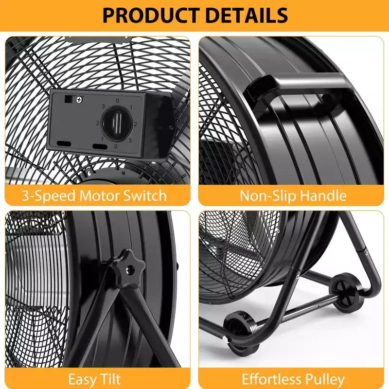 Floor Fan, Industrial Fan - 24 Inch Heavy Duty Drum Fan with 4 Speeds, Metal Air Circulator for Warehouse, Workshop, Garage, Factory, Basement