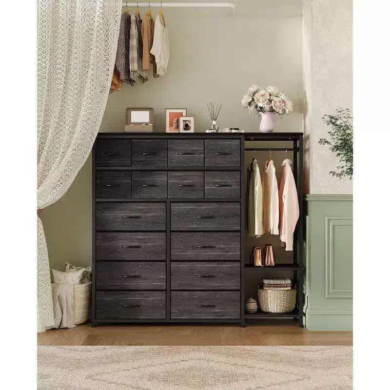 Dresser with 16 Drawers & Hanging Rod & Shelves, Fabric Storage Organizer for Bedroom, Closet, or Entryway