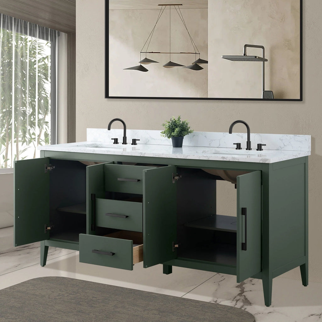 Meuble-lavabo de salle de bain Vanity Art 72 po à double vasque avec dessus en marbre reconstitué