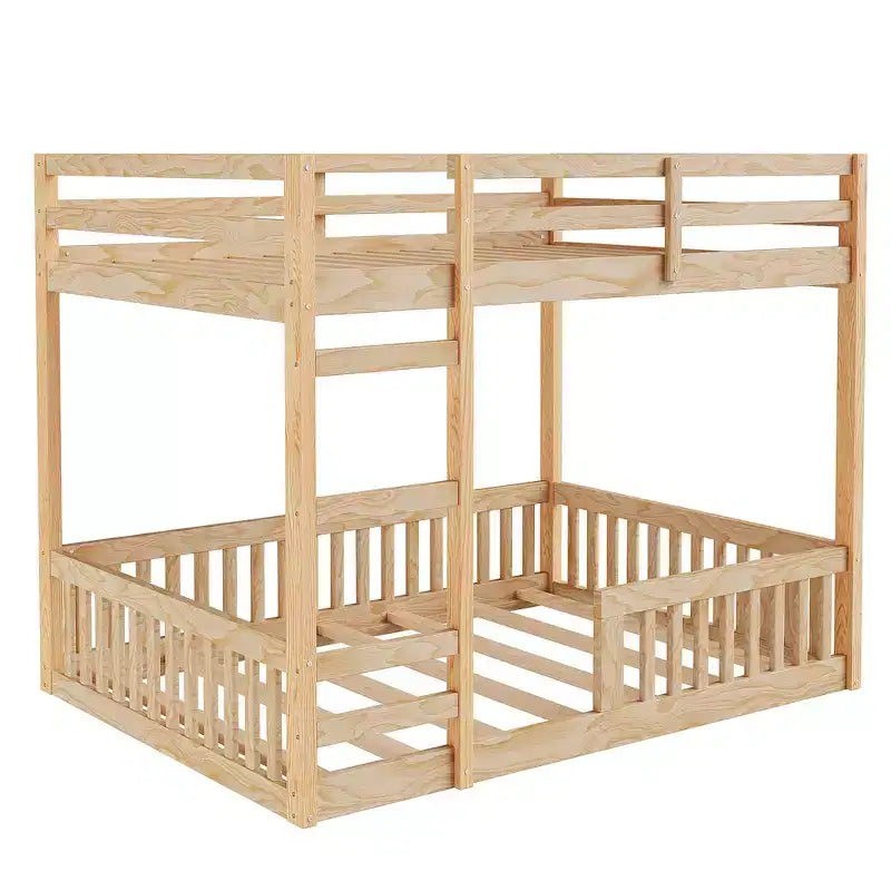 Full over Full Wooden Bunk Bed with Ladder and Guardrails, Low Floor Full Size Bunk Beds with Slats Support