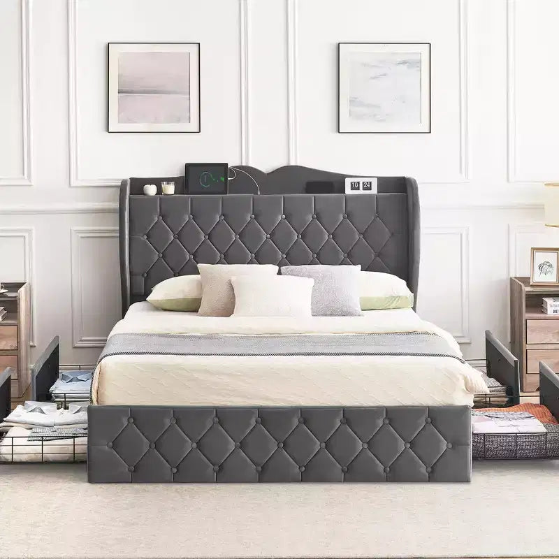 Bed Frame with 4 Storage Drawers and Charging Station, Velvet Button Tufted Upholstered Platform Bed with Tall Headboard and Storage Shelf