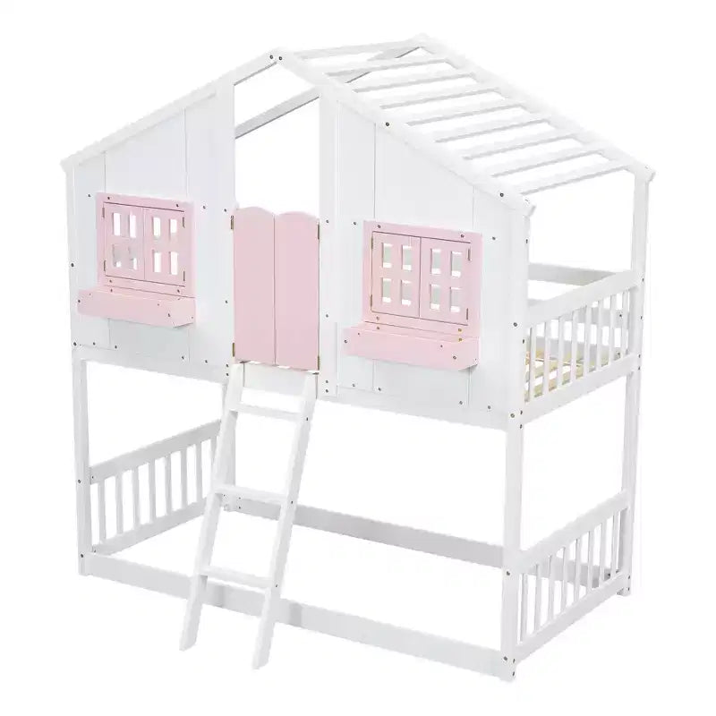 Twin Size House-Shaped Loft Bed, Wood Playhouse Loft Bed with Ladder & Guardrails for Kids