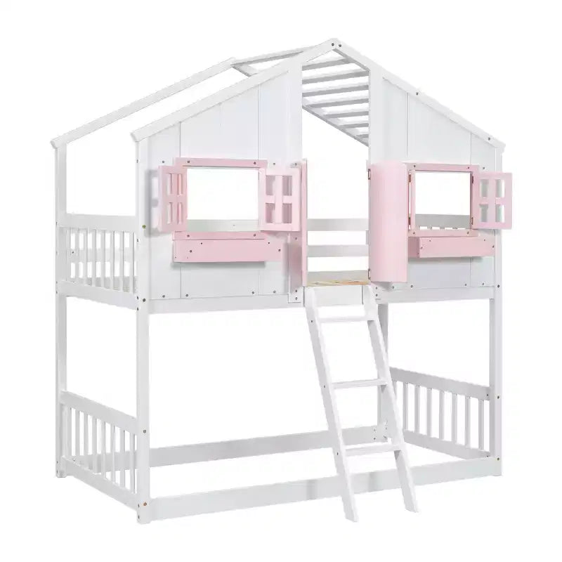 Twin Size House-Shaped Loft Bed, Wood Playhouse Loft Bed with Ladder & Guardrails for Kids