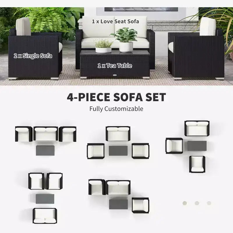 4 Pieces Rattan Sofa Set Wicker Patio Sofa Set with Loveseat Chairs Glass Top Coffee Table for Garden Outdoor