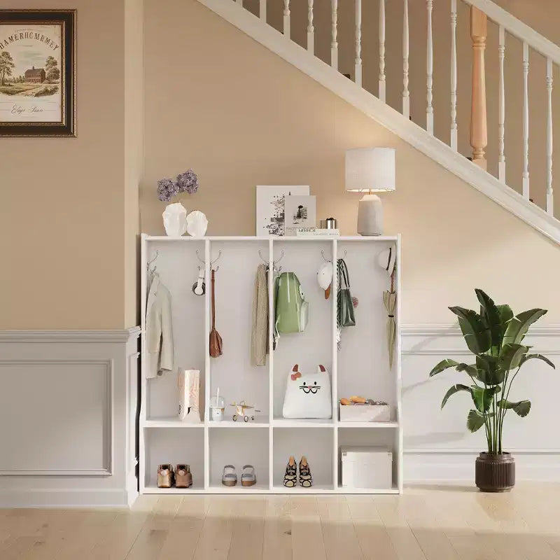 Brown/White 4-Section Cubby Locker with 8 Hooks, for Kids