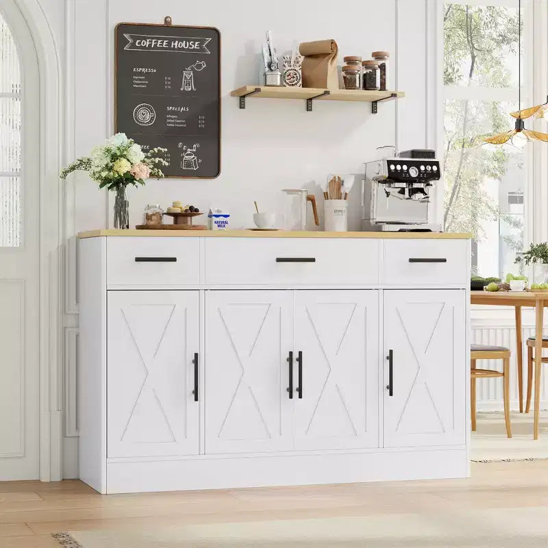 Buffet de cuisine Celebalcony avec rangement, grand buffet de cuisine de 135,6 cm avec 3 tiroirs et 4 portes, étagère réglable pour cuisine, salon