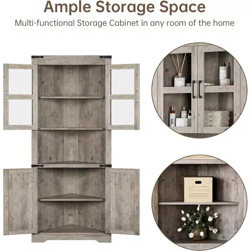 69 Tall Corner Cabinet, Farmhouse Corner Storage Cabinet, Space Saving Storage, Glass Door, Adjustable Shelves, for Living Room, Kitchen