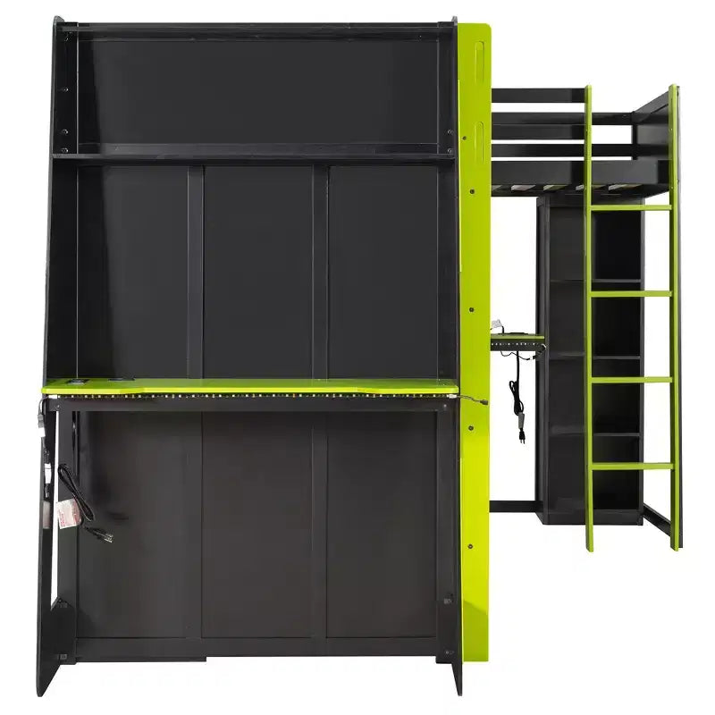 L-Shaped Gaming Loft Bed with Desks, Double Twin Loft Beds with LED Lights, USB Ports, Storage Bookshelves, Wood Corner Loft Bed for 2