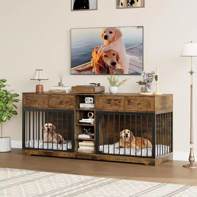 82 Double Dog Crate Furniture, Large Dog Kennel Indoor for 2 Dogs, Heavy Duty Wooden Dog Crate TV Stand with 4 Drawers and Shelves