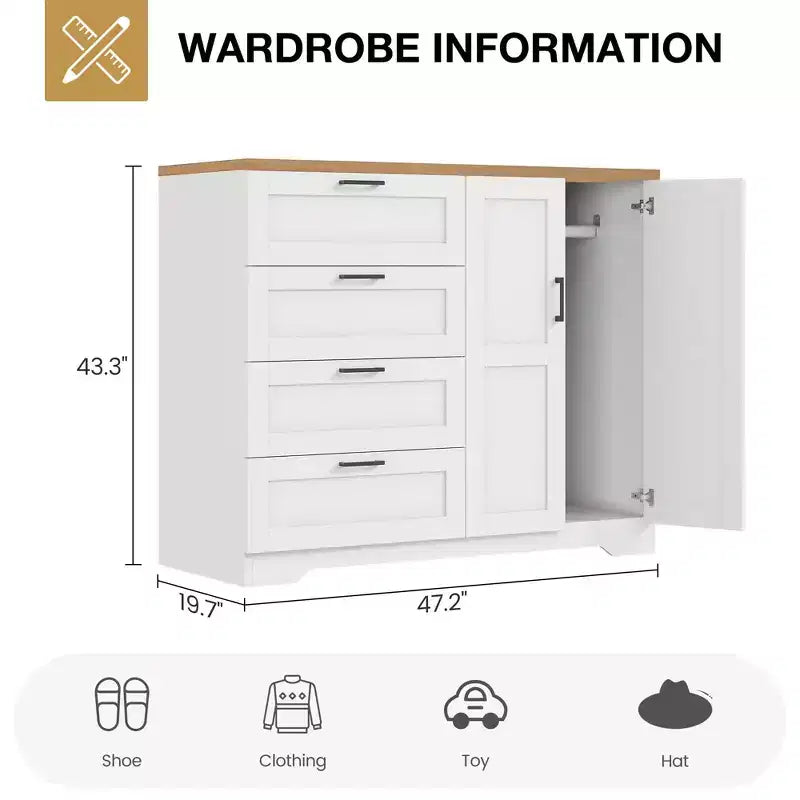 43.3 H Wood Armoire Wardrobe Closet with 4 Drawers & Hanging Rod, Multifunctional Bedroom Clothing Storage Cabinet Dresser