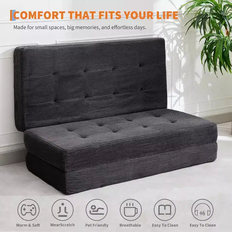 SunnyFurn Matelas pliant triple 6 pouces pour canapé-lit, 75X54.3 Lit d'appoint pliable en mousse avec velours côtelé capitonné, portable pour le camping, le salon, la chambre à coucher