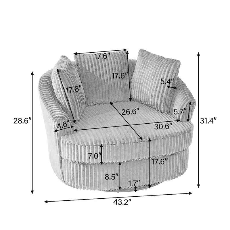 2 Set Oversized 43 W Plush Corduroy Swivel Barrel Chair with Pillows