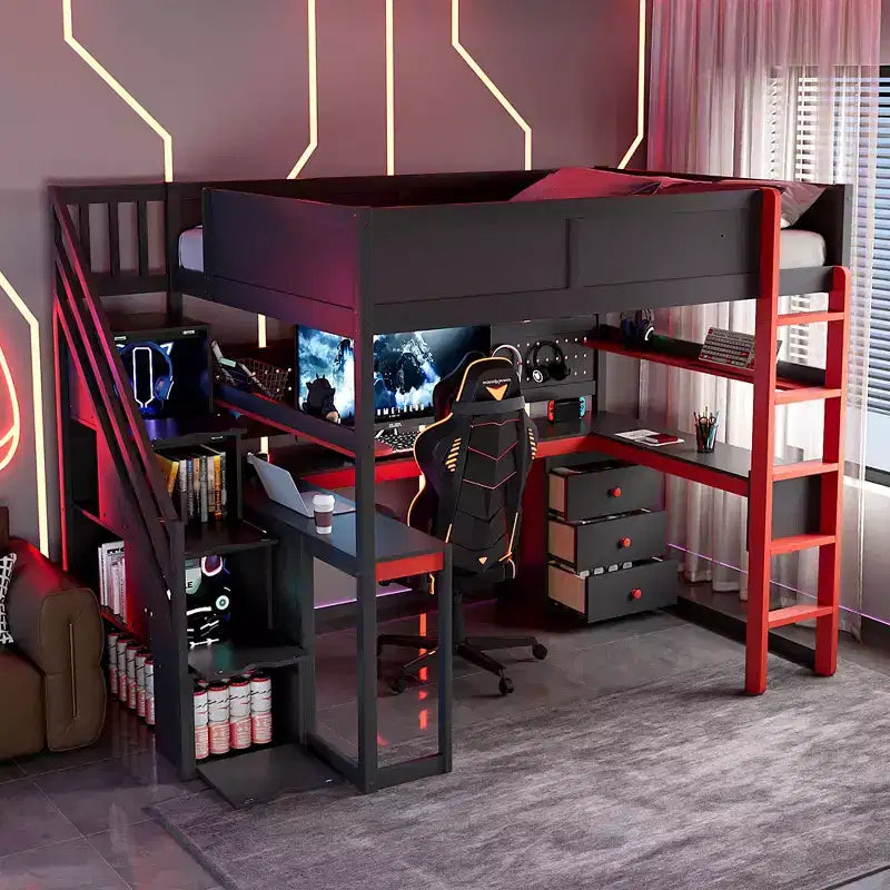 GDFStudio Scott Wooden Gaming Loft Bed with Storage Stairs, Desk, Shelves & Pegboard