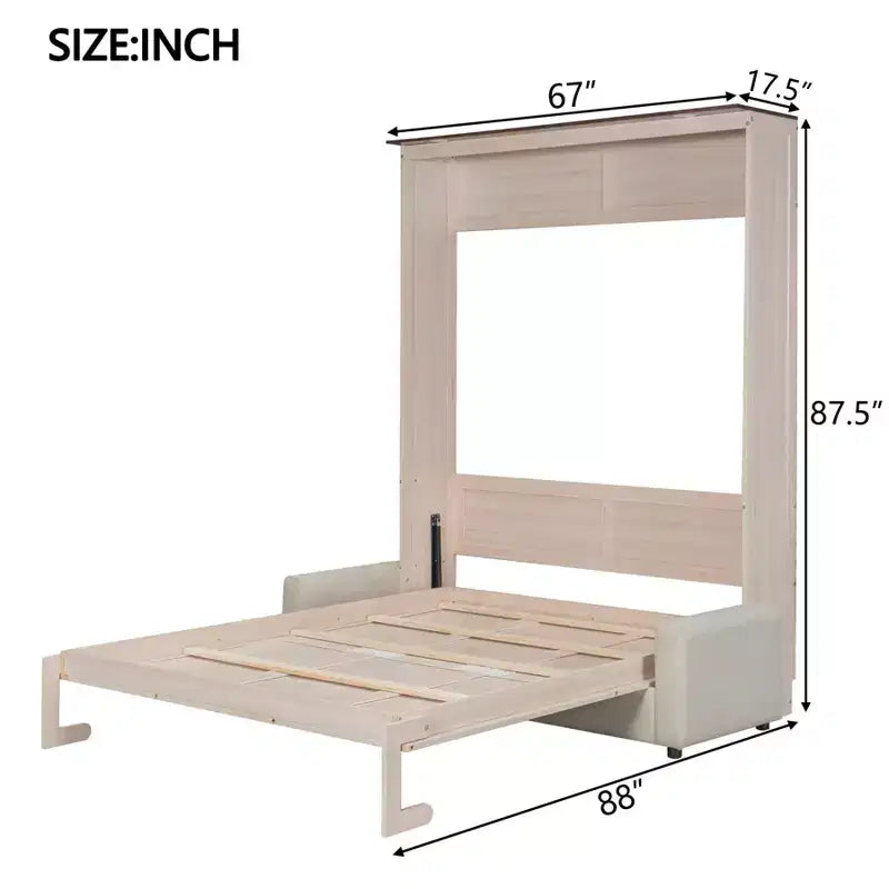 Lit escamotable Queen Size avec canapé, Lit escamotable Queen Size en bois avec éclairage LED, Lit escamotable pliant avec coffre pour chambre d'amis, Beige