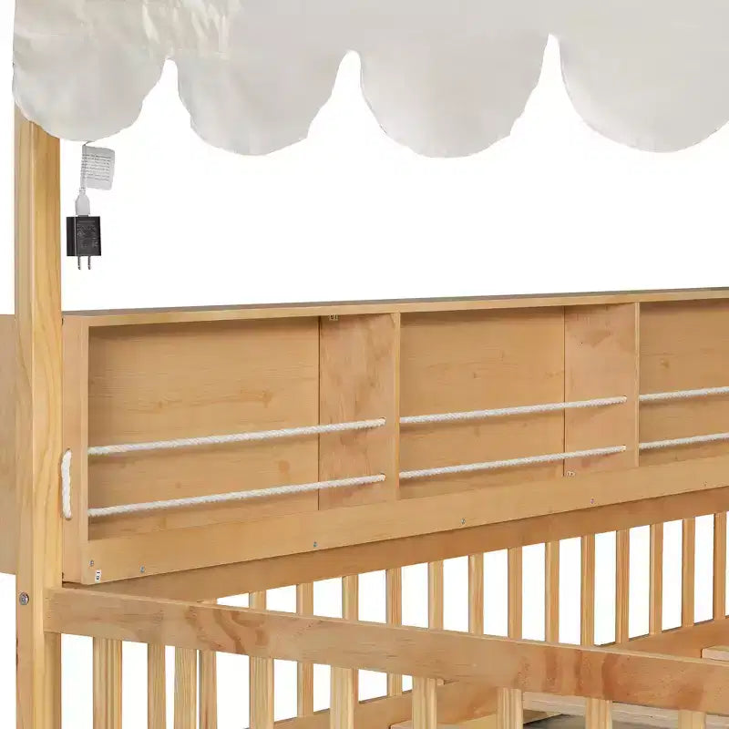 Whisen Full Size Wooden Floor Bed Frame, House-Shaped Daybed with Fense, 3 Storage Bookshelves, Curtain