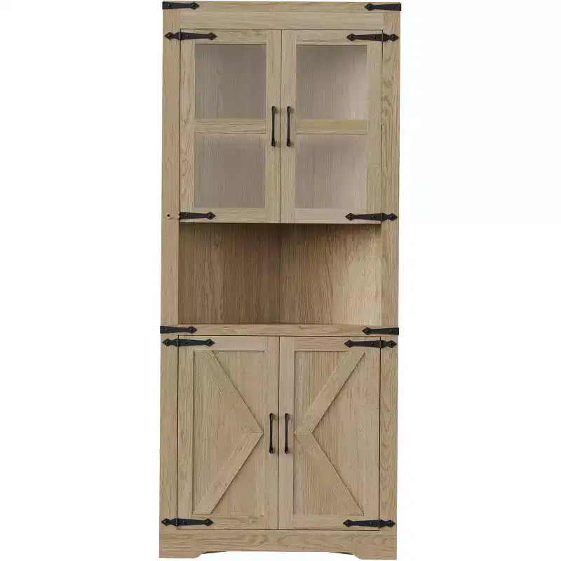 69 Tall Corner Cabinet, Farmhouse Corner Storage Cabinet, Space Saving Storage, Glass Door, Adjustable Shelves, for Living Room, Kitchen