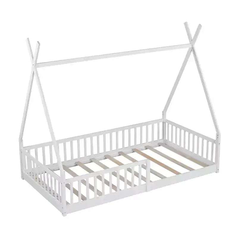Floor Bed for Kids, Twin Size Tent Beds, Montessori Floor Bed with Slats and Fence Rails, Wood House Bed Frame for Boys Girls