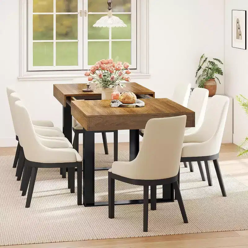 Zevemomo 63-78.7 Expandable Dining Table, 6-10 Rectangular Kitchen Table with Metal Track, Tapered U-Shaped Legs for Dining Room, Office-Brown