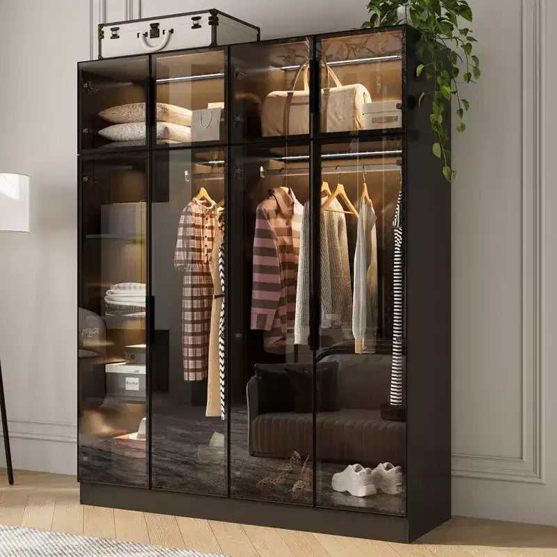 Hitow Pure Black Luxury Armoire with Tempered Glass Doors 3-Color LED Wardrobe Floor-to-Ceiling Bedroom Closet Organizer Dressing Room Closet