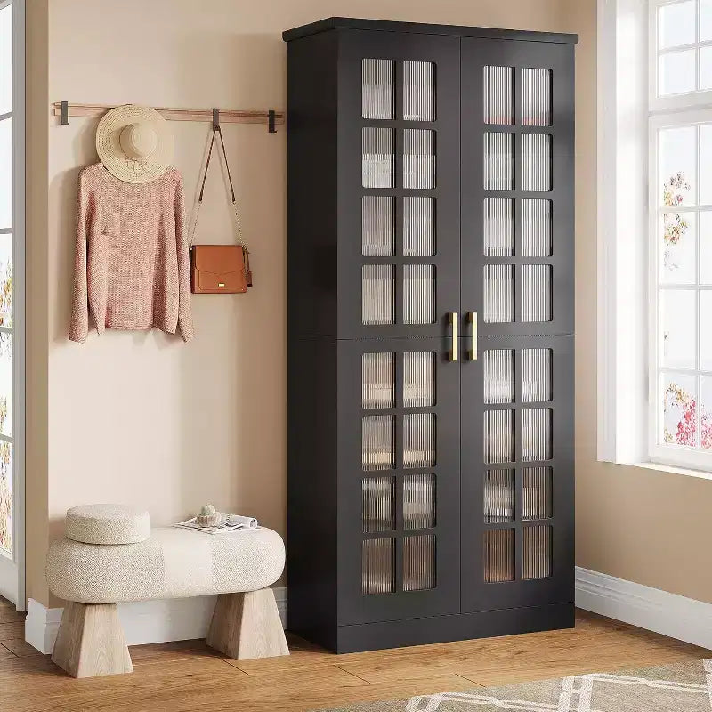 Meuble à chaussures haut Lantine avec portes, rangement à chaussures à 8 niveaux avec étagères réglables, armoire à chaussures moderne pour couloir, placard, salon, blanc