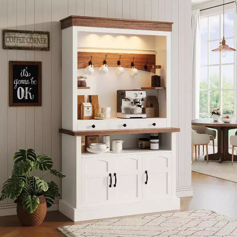 72 Tall Farmhouse Style Coffee Bar Cabinet with LED Lights, Kitchen Buffet Featuring Doors and Drawer, Adjustable Shelves, Spacious Storage